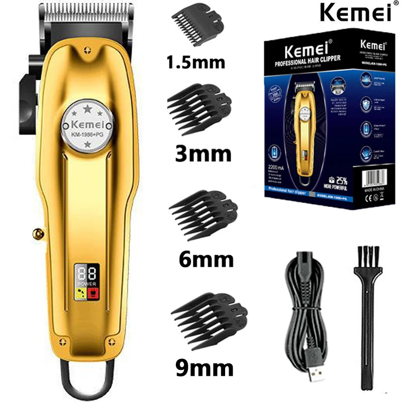 Kemei KM1986 Professional Hair Trimmer Men's Hair Clipper Cordless Electric USB Charging LCD Display Barber Hair Cutting Machine