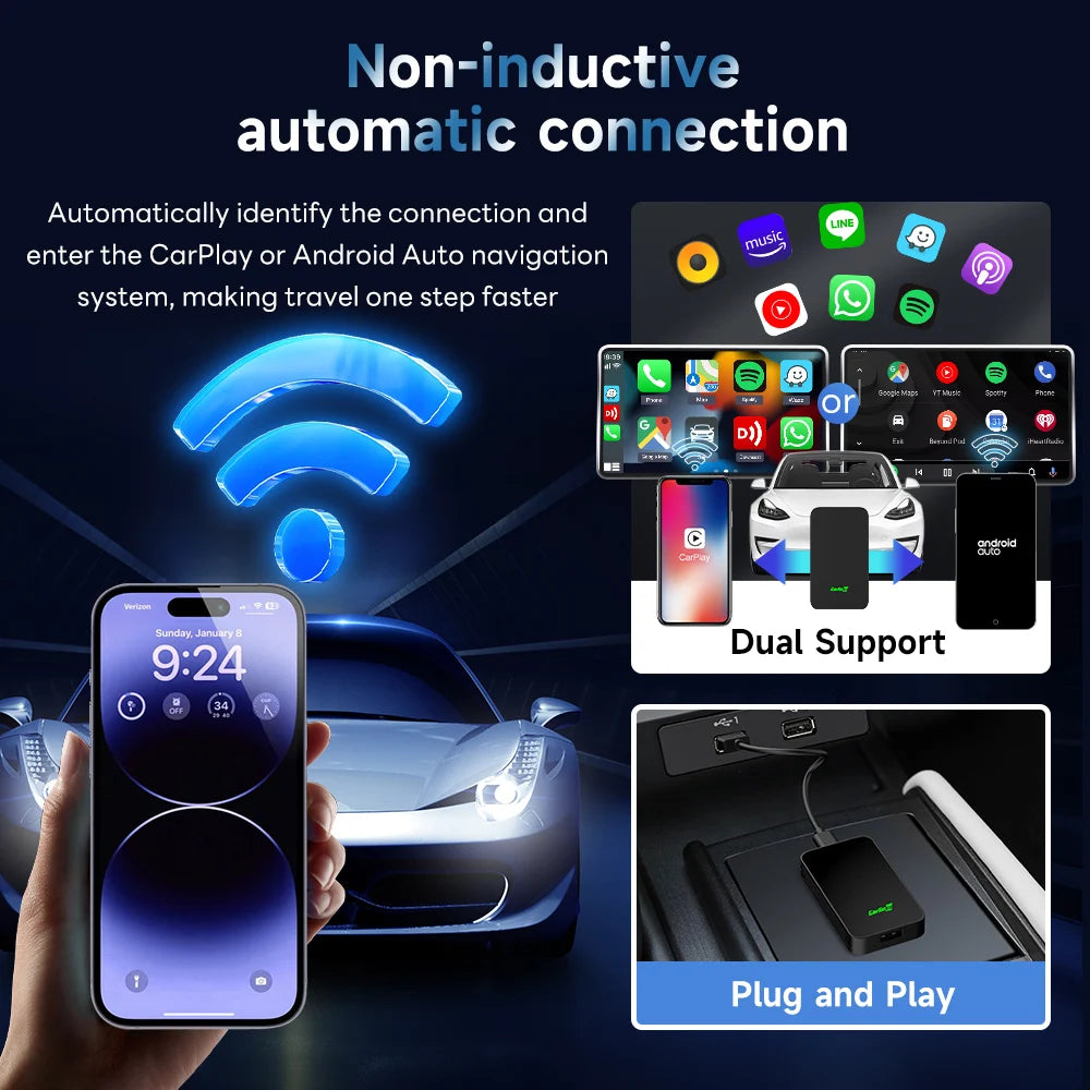 2air CarlinKit 5.0 &4 Wireless CarPlay Wireless Android Auto Box 2.4G&5.8Ghz WiFi BT Auto Connect Plug&Play For Wired AA CP Cars