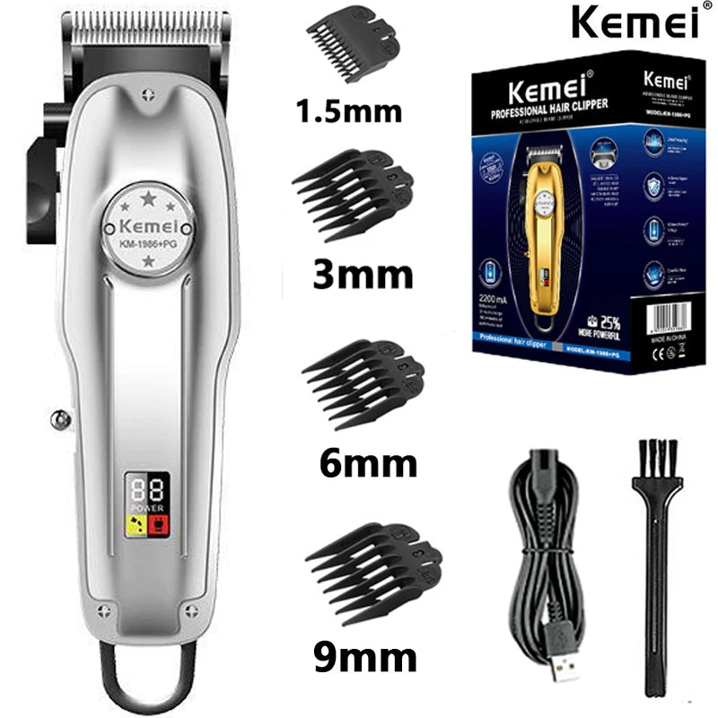Kemei KM1986 Professional Hair Trimmer Men's Hair Clipper Cordless Electric USB Charging LCD Display Barber Hair Cutting Machine