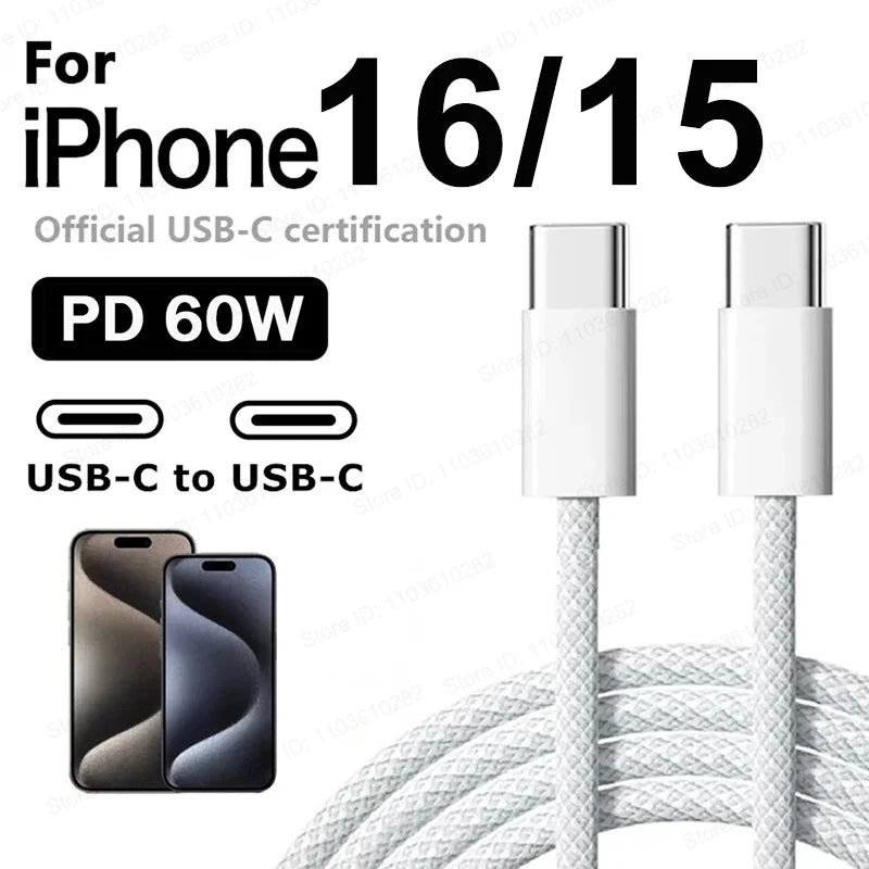 Original 60W PD USB-C USB C Fast Charger Cable For Apple iPhone 17 Air 16 Pro Max 15 Plus Type C Quick Charging Xiaomi Samsung